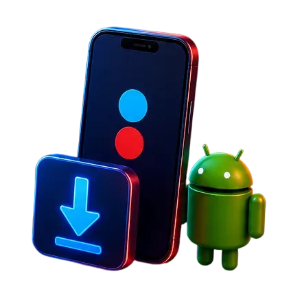 Ilustración de un teléfono con una flecha de descarga junto a la mascota robot de Android