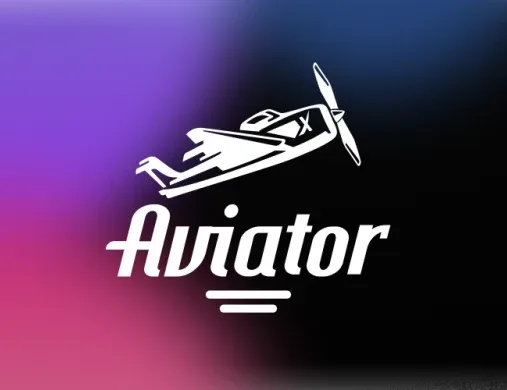 Logotipo del juego Aviator con la silueta de una avioneta sobre un fondo degradado morado y azul