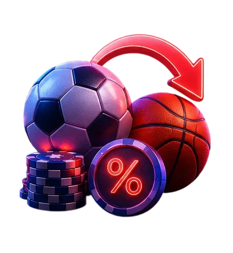 Ilustración de un balón de fútbol, uno de baloncesto, fichas apiladas y una moneda con el signo de porcentaje.