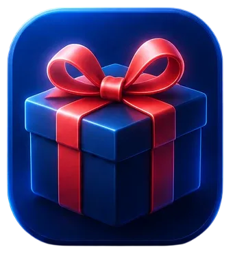 Icono de una caja de regalo azul con lazo rojo