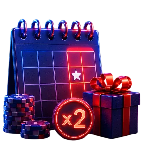 Gráfico decorativo con un calendario, una ficha con "x2" y una caja de regalo, sobre fondo azul