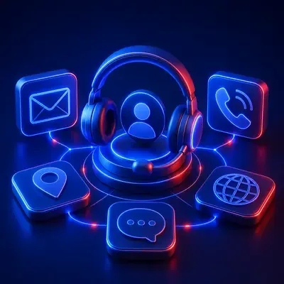 Ilustración de un agente con auriculares rodeado de íconos de correo, teléfono, ubicación y chat