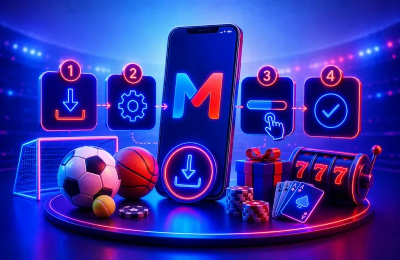 Ilustración de un teléfono con un icono de descarga, flanqueado por cuatro casillas numeradas con iconos de descarga, engrane, interruptor y palomita.