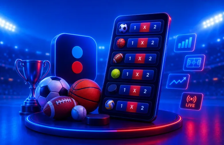 Ilustración de un teléfono con seis renglones deportivos, cada uno con casillas marcadas 1, X y 2, rodeado de balones y un trofeo.