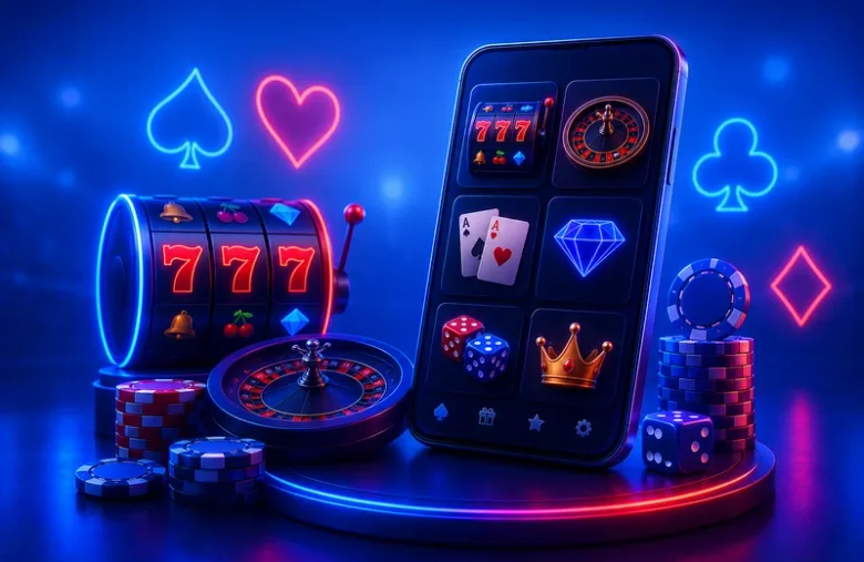 Ilustración de un teléfono con seis recuadros de juegos, entre ellos una pareja de dados, rodeado de fichas, una ruleta y una máquina de carretes.