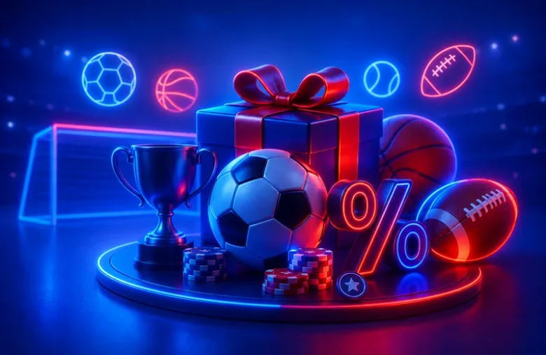 Ilustración con un regalo envuelto, un trofeo, balones de varios deportes, fichas y un signo de porcentaje en tubo de neón.