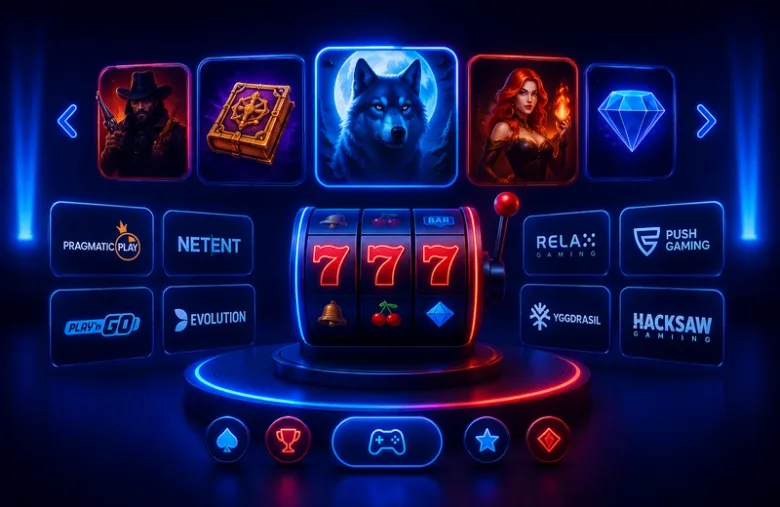 Ilustración con cinco carátulas de juegos en la parte superior, ocho logotipos de estudios proveedores a los lados y una máquina de tres carretes al centro.