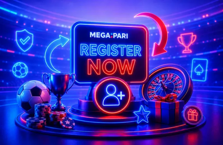 Ilustración con un rótulo que invita a registrarse, dos flechas curvas, un icono de usuario con signo de más, una ruleta y un regalo.