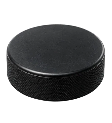 Icono de un disco de hockey sobre hielo, negro y recortado, usado como marca de sección deportiva.