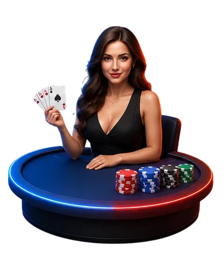 Fotografía de una crupier con cartas en la mano sobre una mesa de casino en vivo