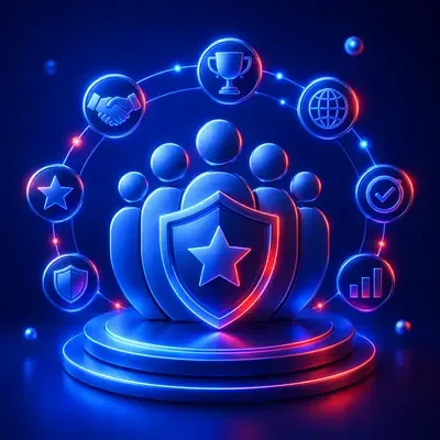 Ilustración de un grupo de personas con un escudo con estrella, rodeados de íconos de trofeo, apretón de manos y globo