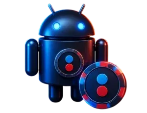 Ilustración pequeña de la figura del robot de Android en tono metálico, con una ficha de casino al frente.