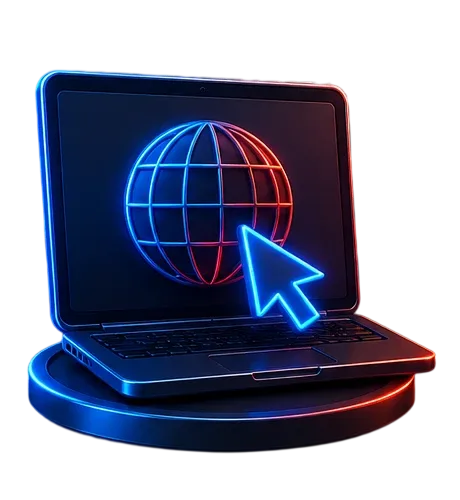 Ilustración de una computadora portátil con un globo terráqueo en la pantalla y un cursor de flecha encima, sobre una peana redonda.