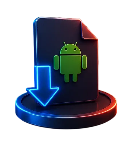 Ilustración de un documento con la figura del robot de Android en el centro y una flecha azul hacia abajo, sobre una peana iluminada.