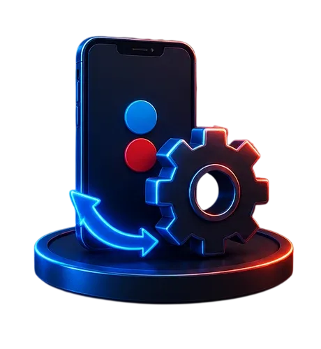 Ilustración de un teléfono oscuro con dos círculos de color en la pantalla, junto a un engrane y una flecha curva sobre una peana.