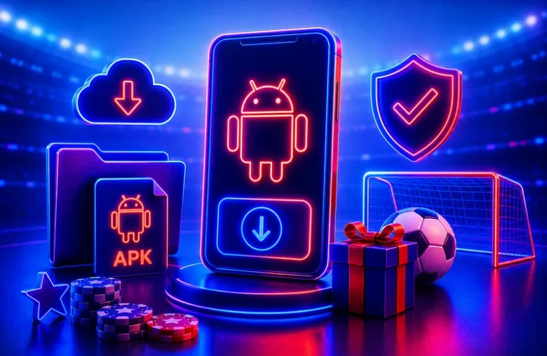 Ilustración de un teléfono con la figura del robot de Android y un botón de descarga, junto a una carpeta rotulada como paquete de instalación y un escudo con palomita.