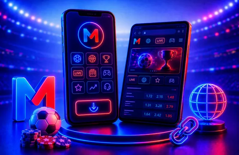 Gráfico decorativo con un teléfono y una tableta mostrando menús de una app de apuestas, con íconos de deportes y un "777"