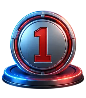 Insignia circular metálica con el número uno en rojo sobre una peana con luces azules y rojas.