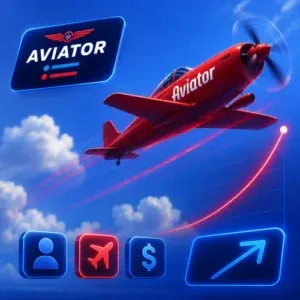 Ilustración de una avioneta roja subiendo entre nubes con una estela y el rótulo del juego Aviator a un costado.
