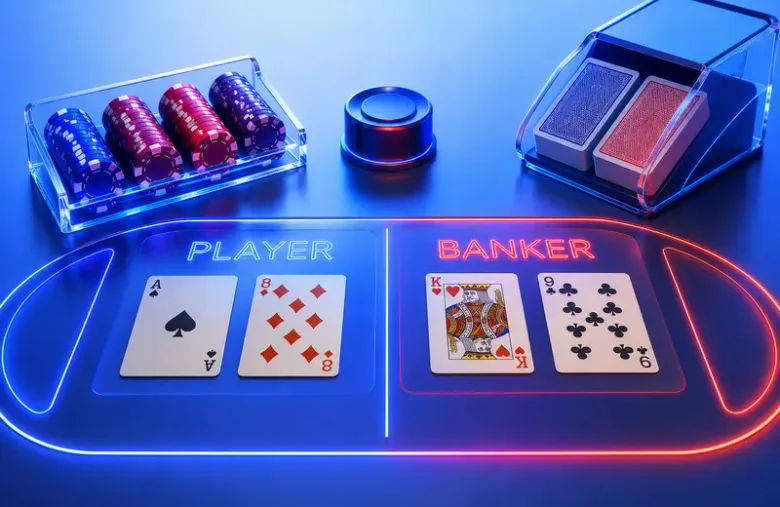 Gráfico decorativo de una mesa de bacará con fichas, un zapato de cartas y los espacios "PLAYER" y "BANKER" marcados en neón
