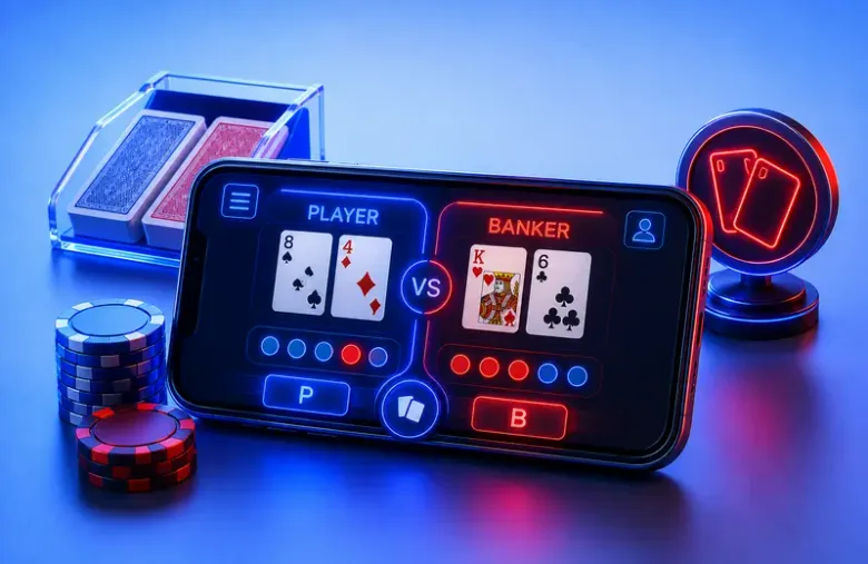 Gráfico decorativo de un teléfono mostrando una interfaz de bacará con cartas de PLAYER y BANKER