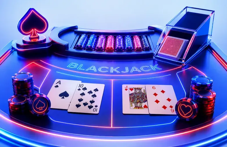 Mesa de blackjack ilustrada con una mano de as y diez de espadas frente a otra mano de jota y seis, chips y el rótulo BLACKJACK