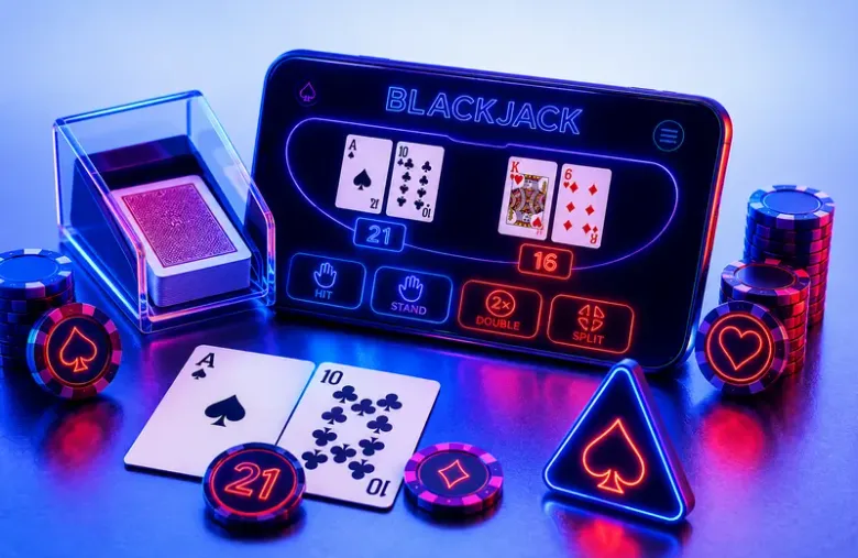 Ilustración de una mesa de blackjack dibujada en una tableta, con los botones de pedir carta, plantarse, doblar y dividir.