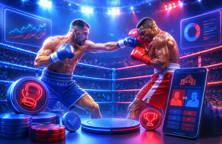 Ilustración decorativa de dos boxeadores en un cuadrilátero junto a una tarjeta de apuesta con las opciones VS en un teléfono