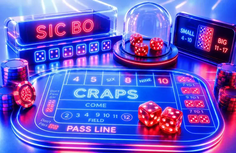 Gráfico decorativo de una mesa de Sic Bo y craps con carteles "SMALL 4-10" y "BIG 11-17", dados y fichas