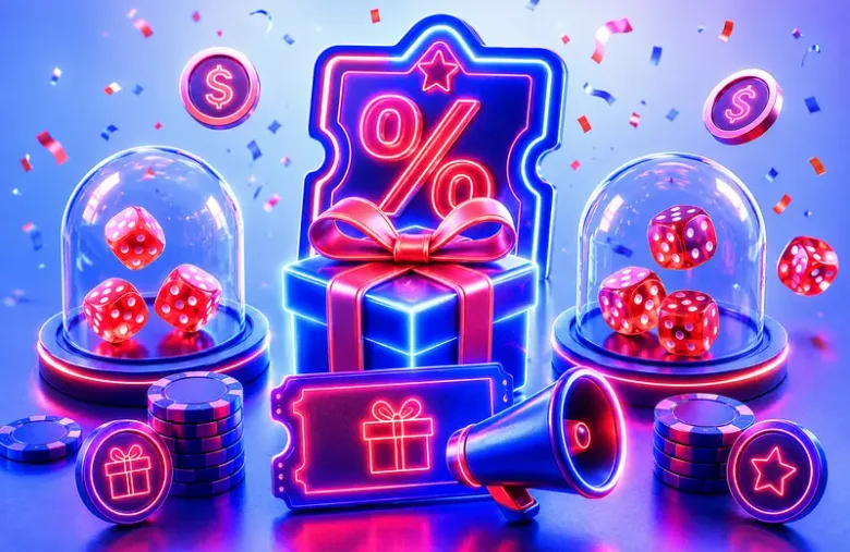 Gráfico decorativo con dados dentro de cúpulas de vidrio, una caja de regalo con símbolo de porcentaje y fichas de casino