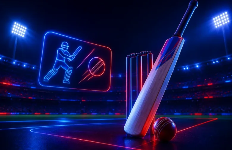 Ilustración de un bate de críquet apoyado junto a los palos del wicket dentro de un estadio nocturno iluminado.