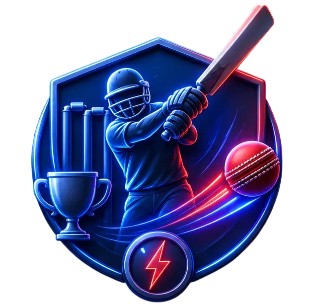 Emblema circular con la silueta de un bateador de críquet, una copa y una pelota roja trazada en neón.