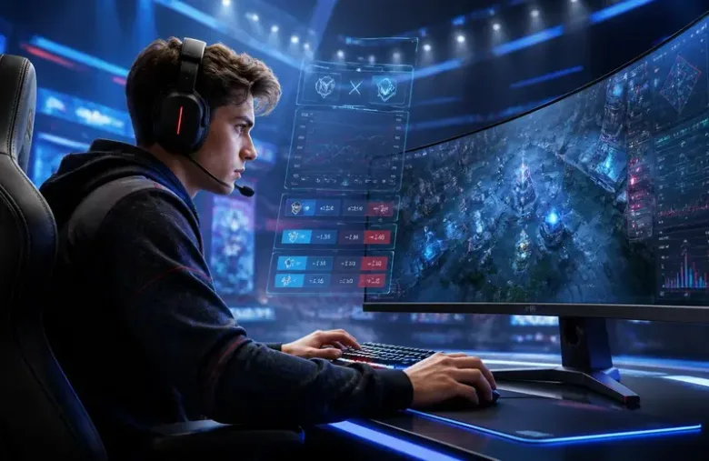 Fotografía decorativa de un jugador de eSports con audífonos frente a monitores, con paneles de estadísticas superpuestos