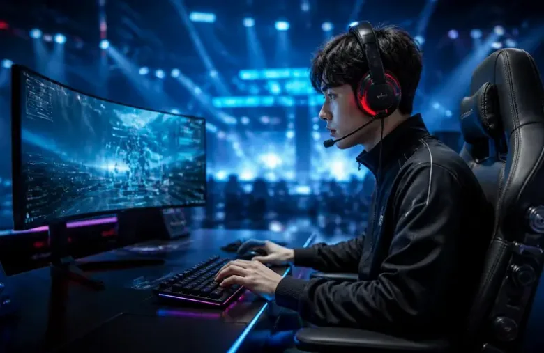 Fotografía de un competidor de eSports con audífonos frente a un monitor curvo en un escenario iluminado.