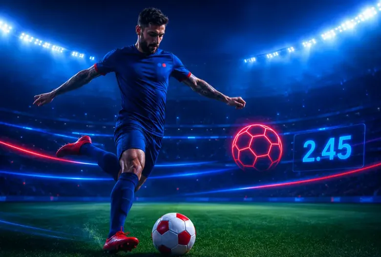 Gráfico decorativo de un futbolista rematando un balón junto a una cuota de 2.45 en un estadio iluminado