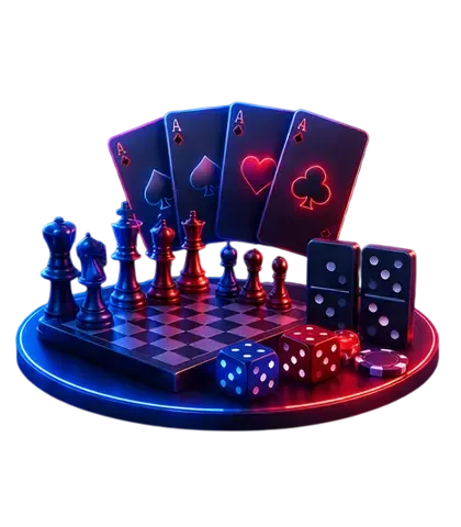 Ilustración de un tablero de ajedrez, cartas y dados sobre una base redonda