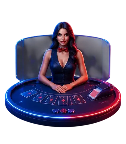Ilustración de una crupier con cartas sentada en una mesa de casino
