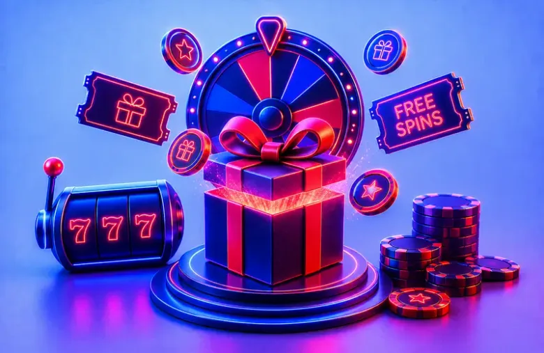 Gráfico decorativo de una tragamoneda con símbolos "777", una caja de regalo y un cartel de "FREE SPINS"