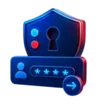 Icono ilustrado de un escudo con una cerradura, sobre un campo de contraseña con cuatro estrellas y una flecha.