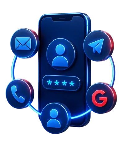 Ilustración de un teléfono con un campo de contraseña y un icono de usuario, rodeado por círculos con un sobre, un auricular telefónico, un avión de papel y una letra ge.