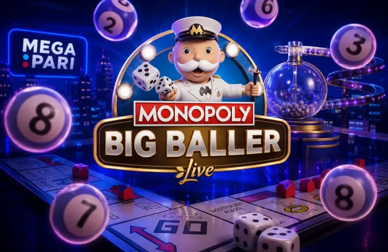 Arte promocional de Monopoly Big Baller Live con bolas de lotería numeradas