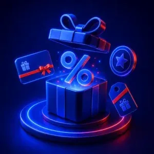 Ilustración de una caja de regalo abierta con símbolo de porcentaje y estrella