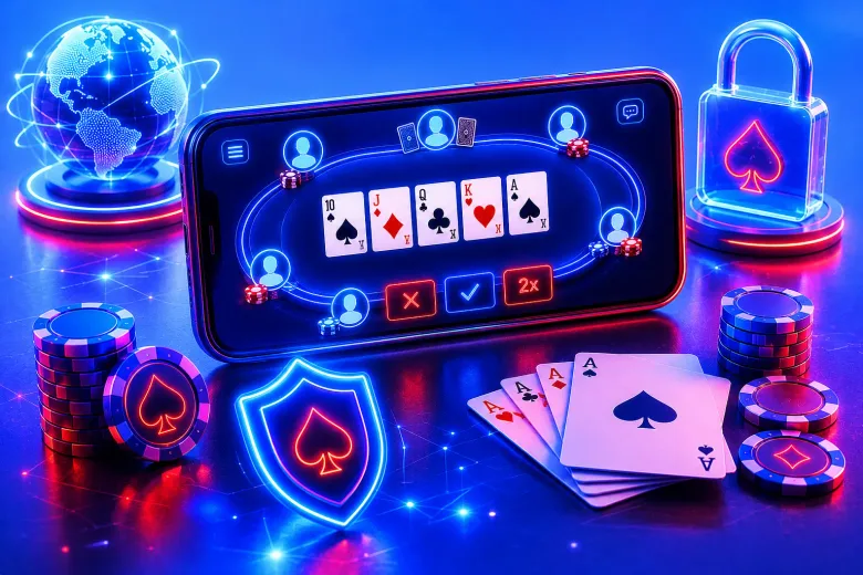 Ilustración de un teléfono con una mesa de póquer en pantalla, un candado luminoso y un globo terráqueo unido por líneas de red.