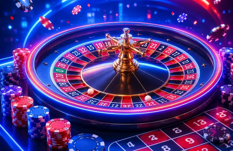 Gráfico decorativo de una ruleta de casino con fichas apiladas alrededor, sobre fondo azul con luces de neón