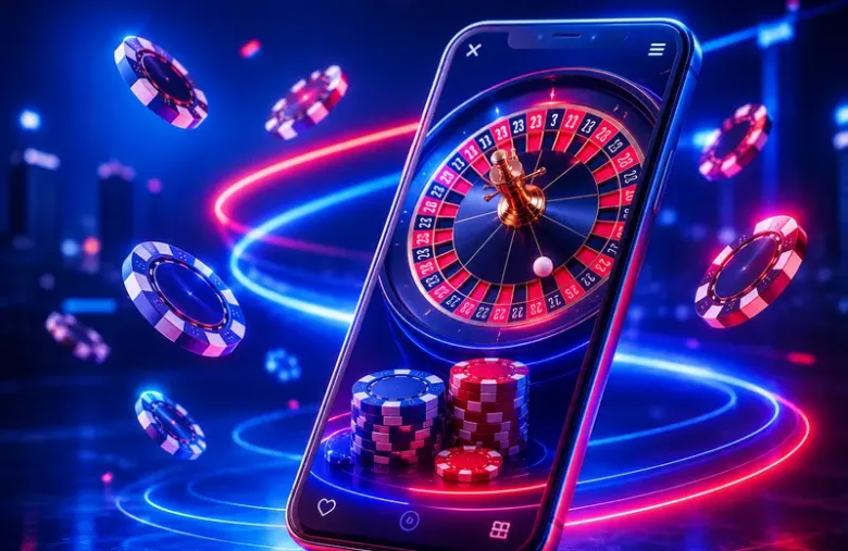 Ilustración decorativa de una rueda de ruleta sobre la pantalla de un teléfono, rodeada de fichas de casino flotando