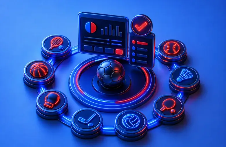 Gráfico decorativo con un panel de gráficos (circular y de barras), una lista de verificación y íconos de varios deportes alrededor de un balón