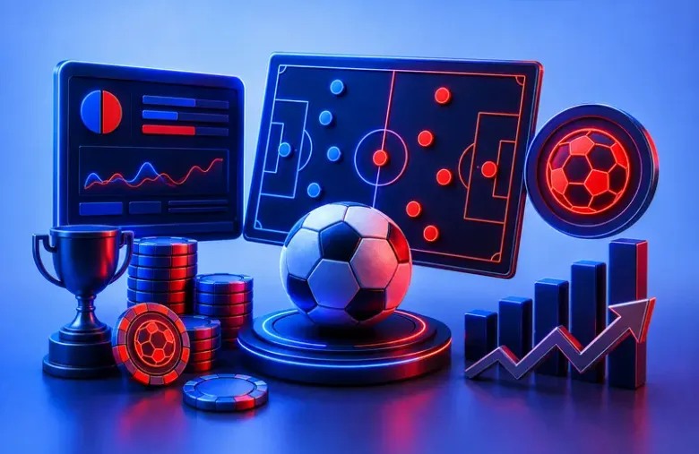 Ilustración de un pizarrón táctico de fútbol junto a paneles de estadísticas, una copa y una gráfica ascendente.