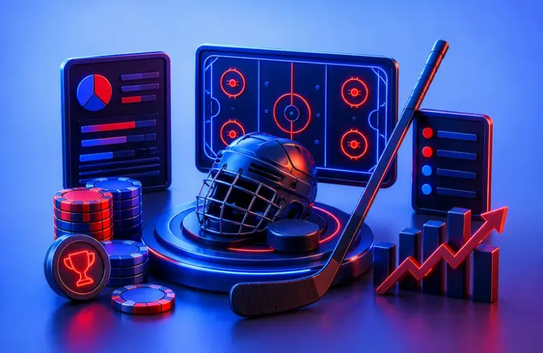 Gráfico decorativo con un panel de gráficos (circular y de barras), un casco de hockey y un stick, con una flecha de tendencia ascendente
