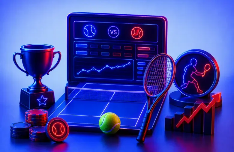 Ilustración de una portátil que muestra un marcador de tenis y gráficas, con una raqueta y una pelota delante.