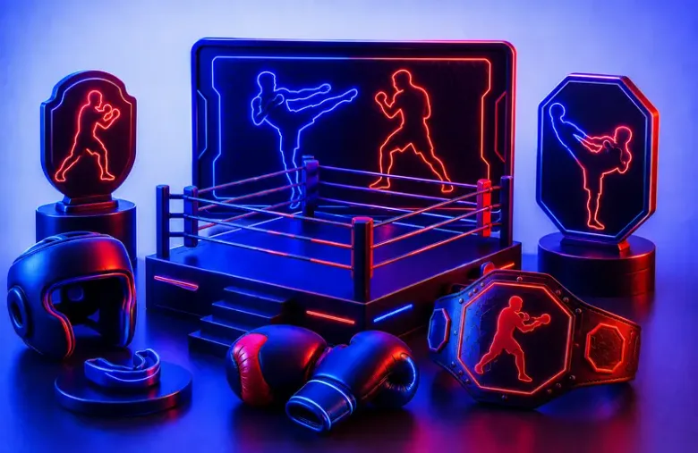 Ilustración de un cuadrilátero de boxeo en miniatura rodeado de guantes, casco protector y un cinturón de campeón.